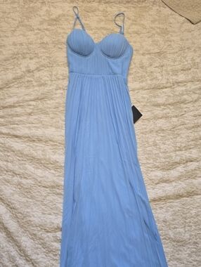 Lulu's Sky Blue Pleated Spaghetti-Strap Maxi Dress Runs Long